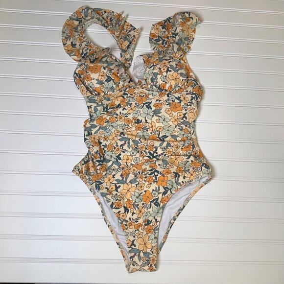 Cupshe Women’s Small Floral Ruffle One-Piece Swimsuit V-Neck Lace-Up Back Cheeky - Picture 1 of 8